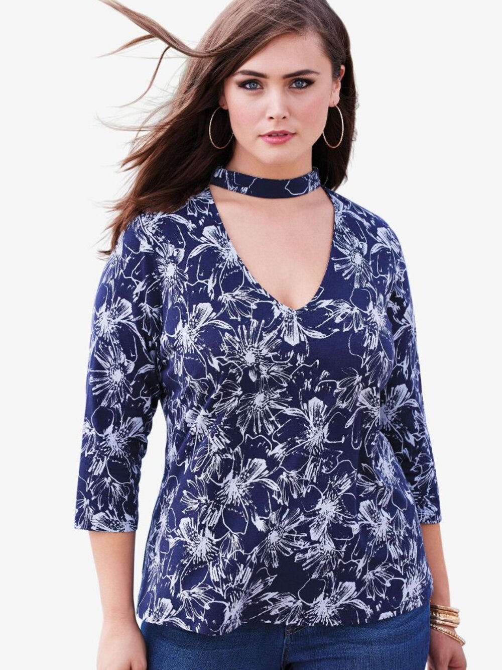 Denim 24/7 Floral Top 4X 34/36 Banded Neck 3/4 Sleeves V Neck Navy Plus Size
